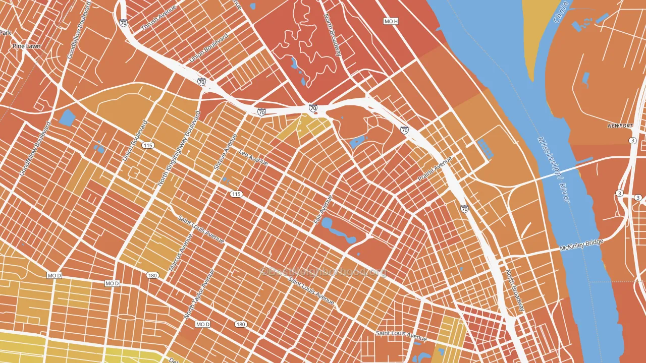 Map of the best neighborhoods in the O'Fallon, St. Louis area, with better matches in green and worse matches in red