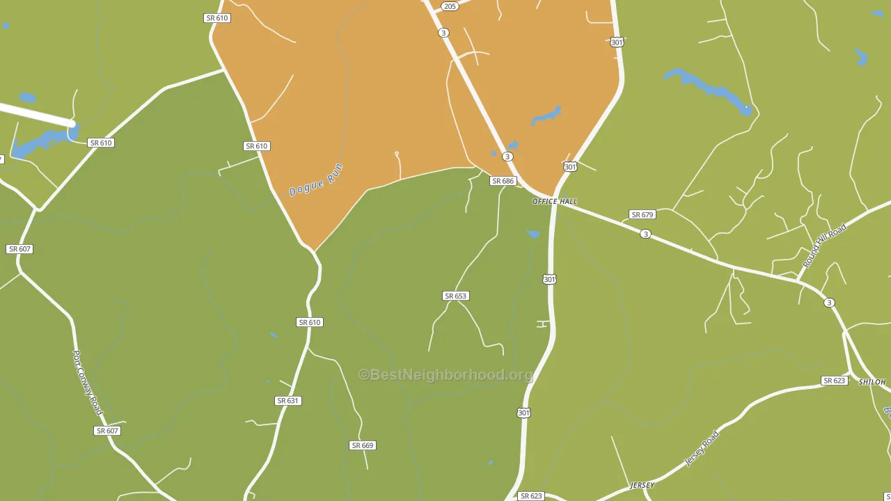 Map of the best neighborhoods in the Office Hall area, with better matches in green and worse matches in red
