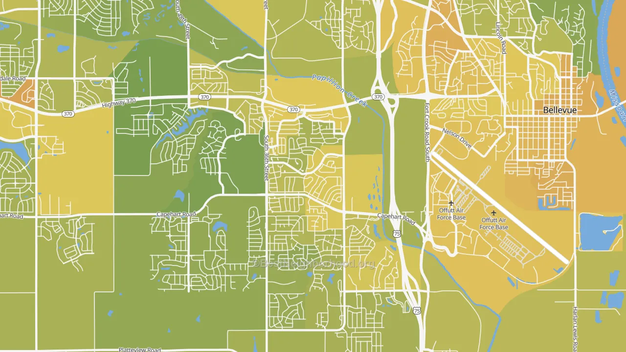 Map of the best neighborhoods in the Offutt AFB area, with better matches in green and worse matches in red