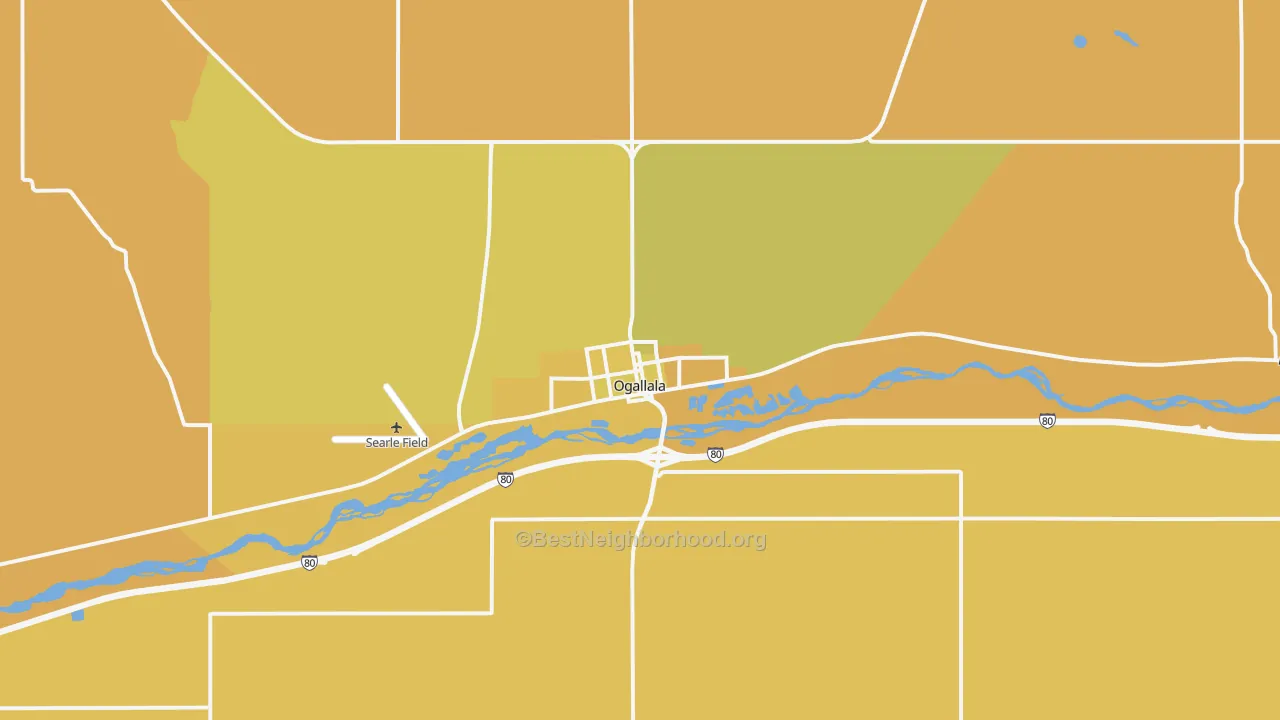 Map of the best neighborhoods in the Ogallala area, with better matches in green and worse matches in red