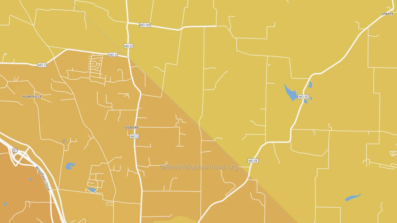 Map of the best neighborhoods in the Ogborn area, with better matches in green and worse matches in red