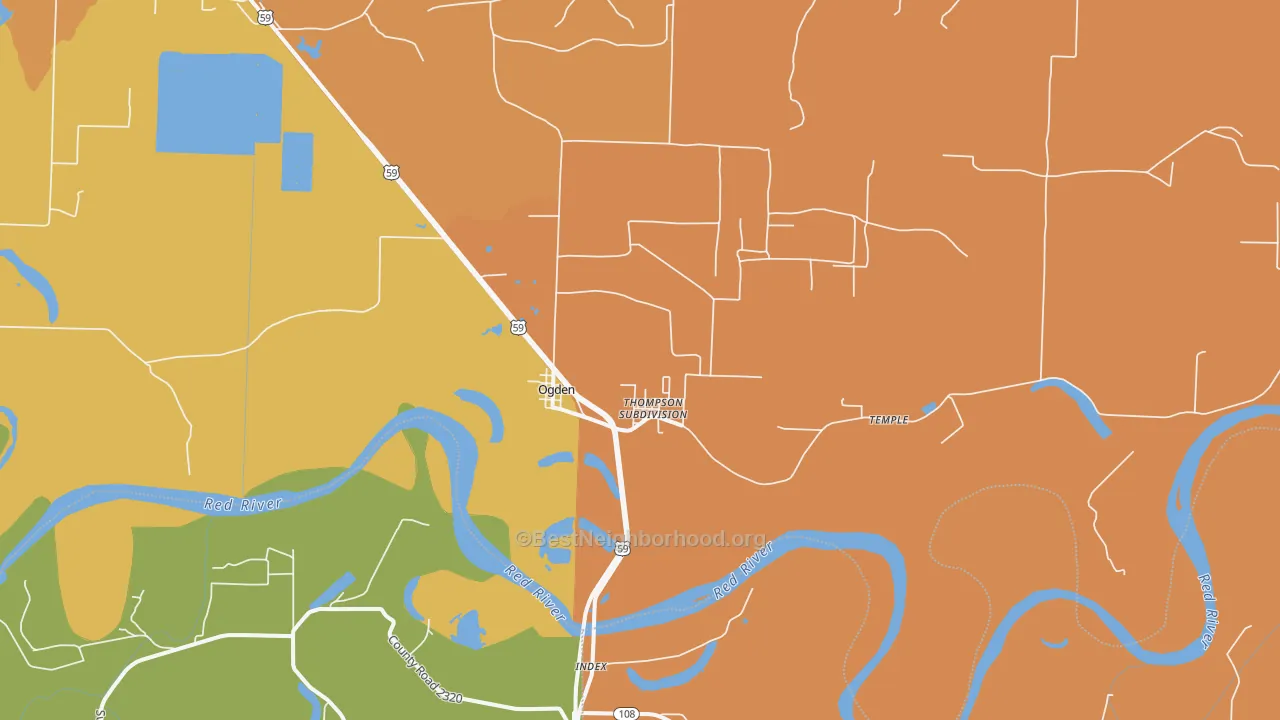 Map of the best neighborhoods in the Ogden area, with better matches in green and worse matches in red