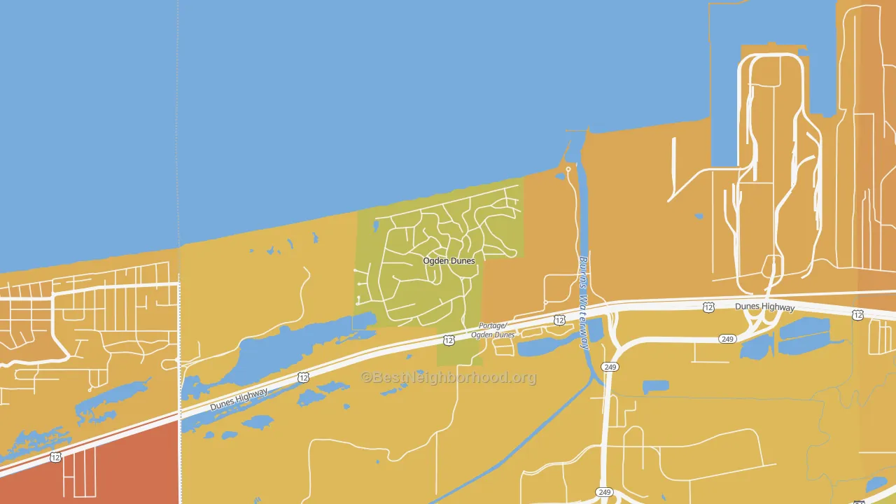 Map of the best neighborhoods in the Ogden Dunes area, with better matches in green and worse matches in red