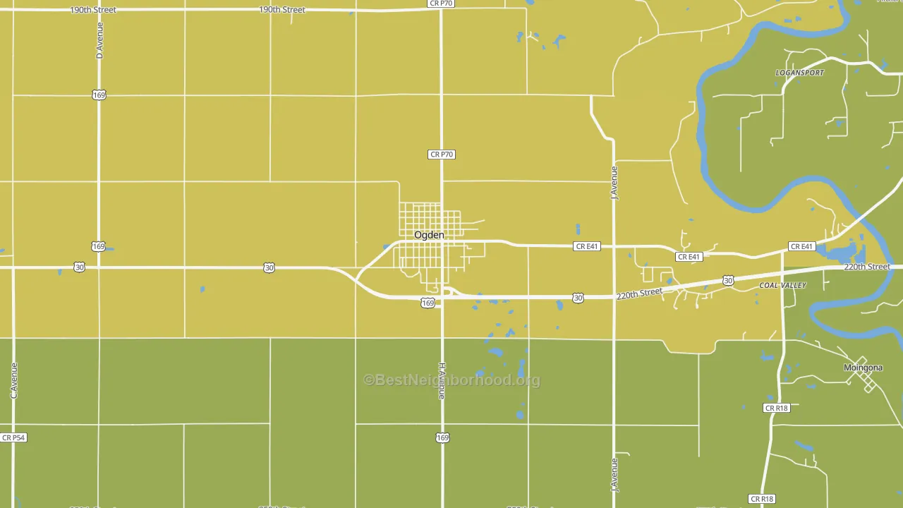 Map of the best neighborhoods in the Ogden area, with better matches in green and worse matches in red