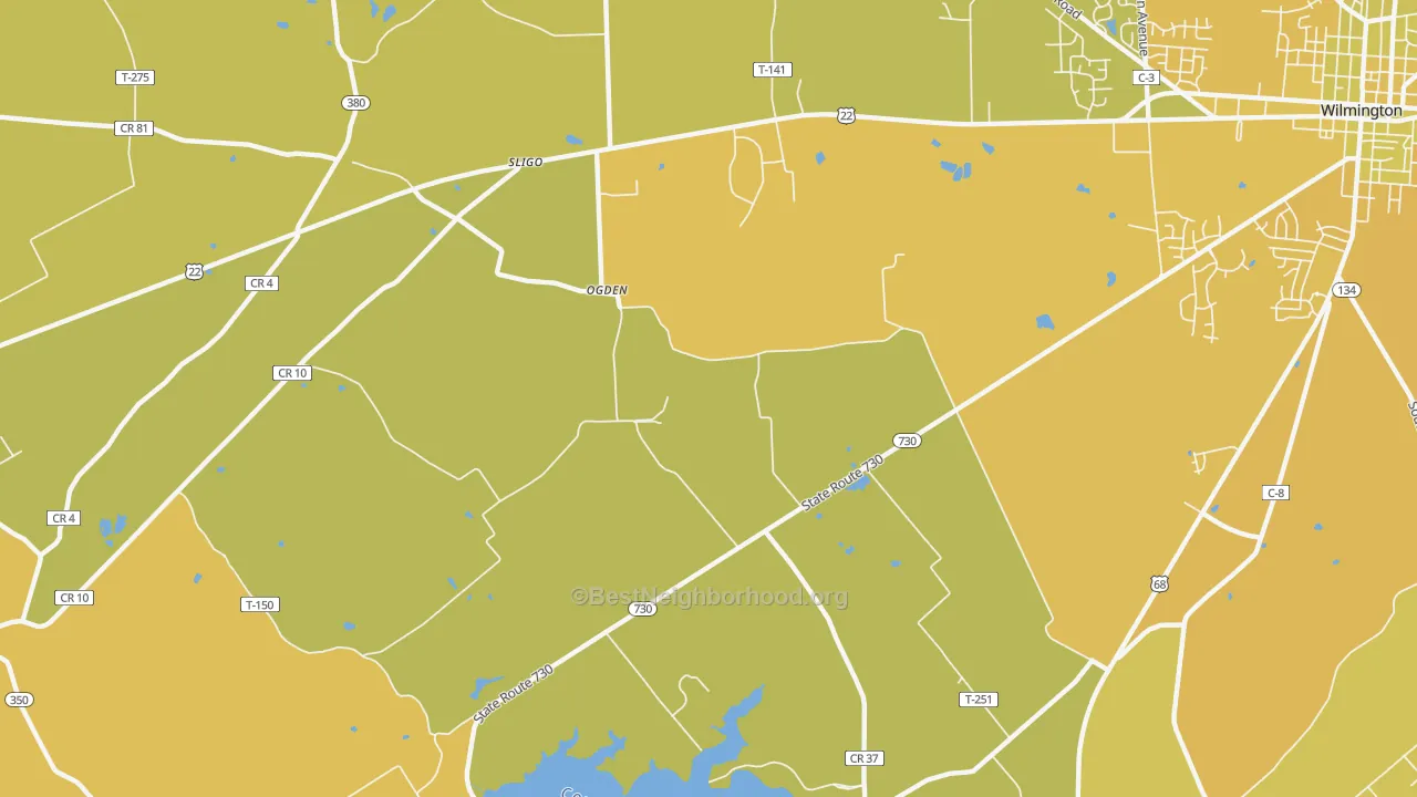 Map of the best neighborhoods in the Ogden area, with better matches in green and worse matches in red