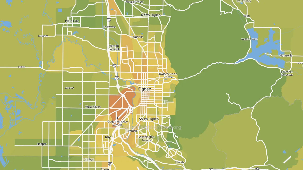 Map of the best neighborhoods in the Ogden Metro area, with better matches in green and worse matches in red