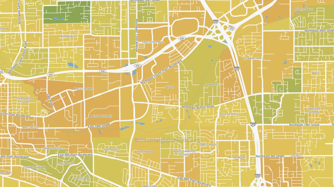 Map of the best neighborhoods in the Ogden, Vancouver area, with better matches in green and worse matches in red