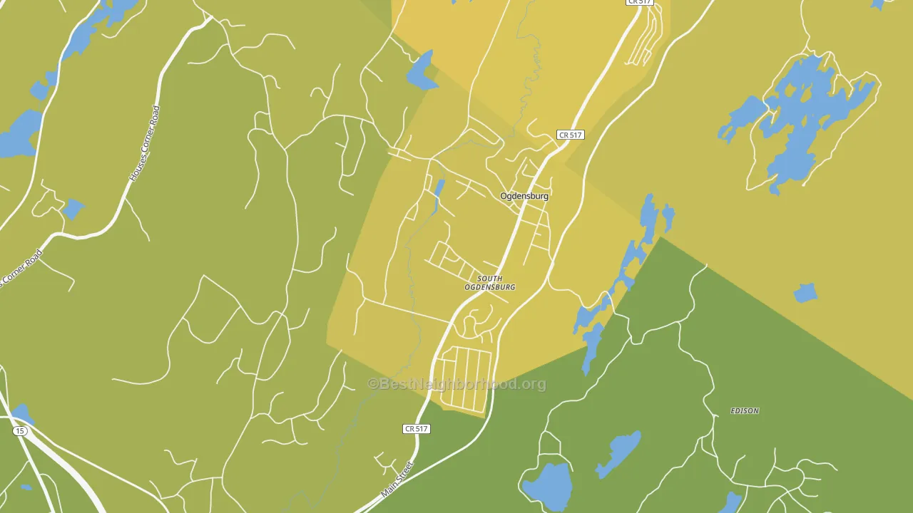 Map of the best neighborhoods in the Ogdensburg area, with better matches in green and worse matches in red