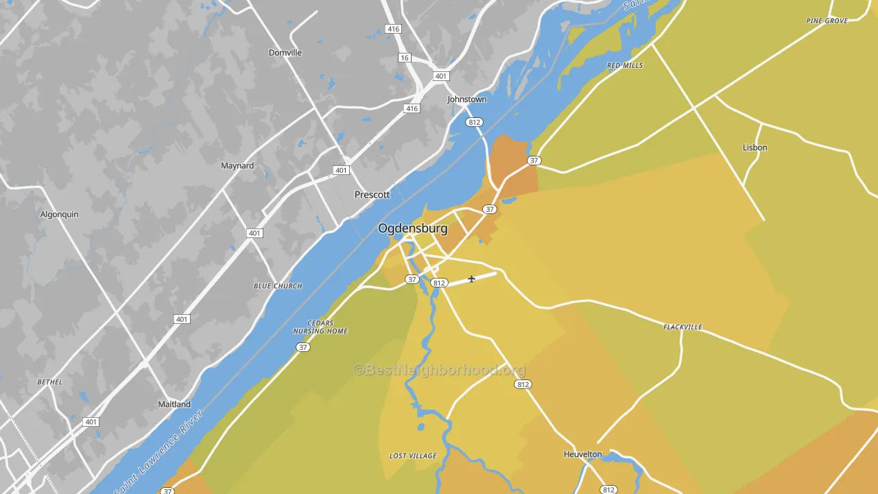 Map of the best neighborhoods in the Ogdensburg area, with better matches in green and worse matches in red