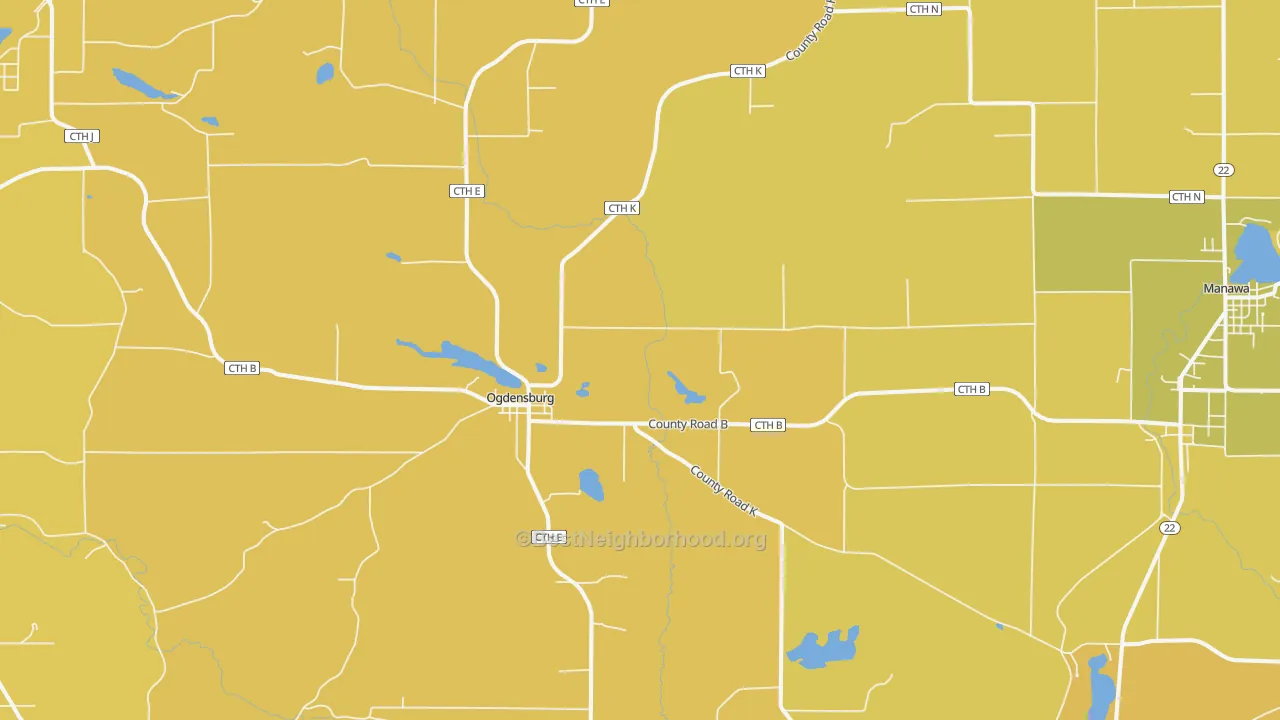 Map of the best neighborhoods in the Ogdensburg area, with better matches in green and worse matches in red