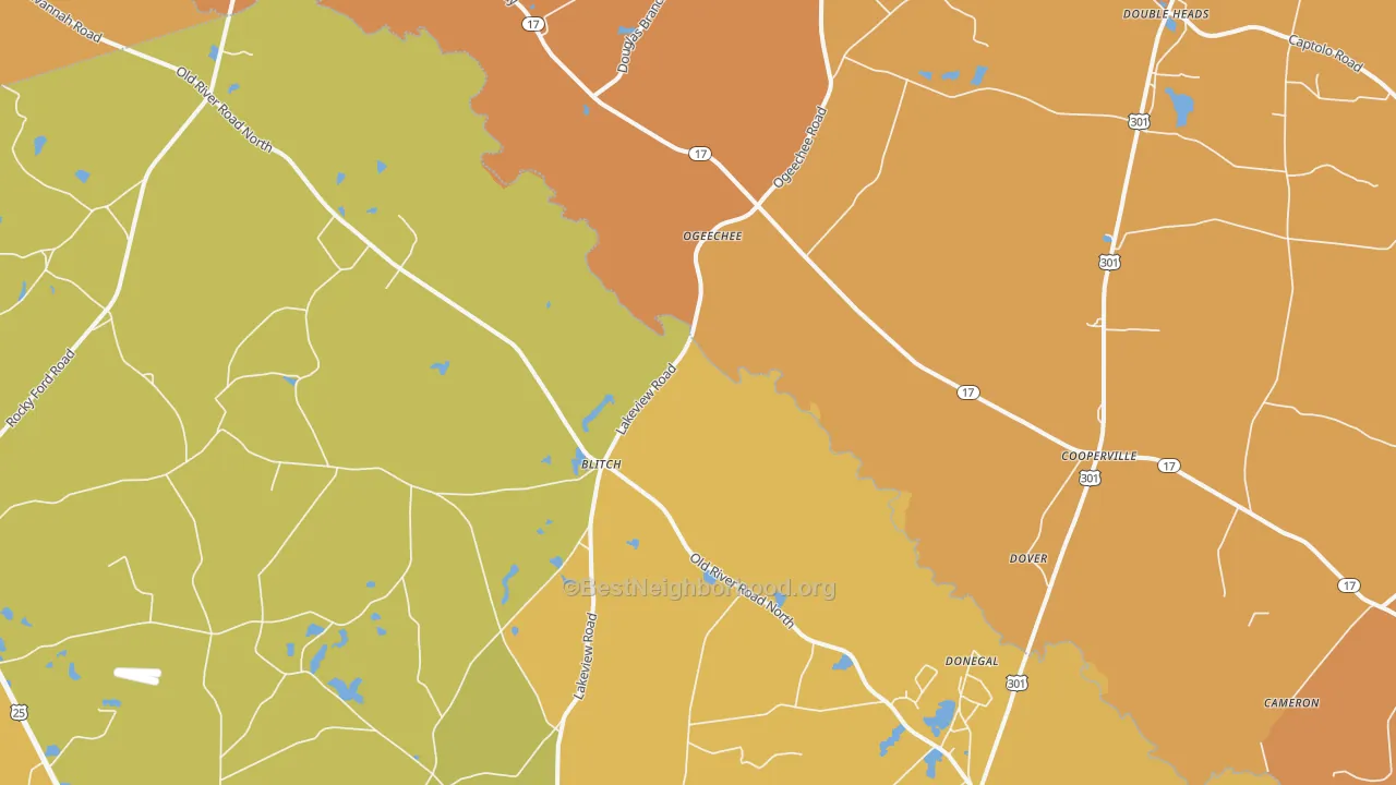 Map of the best neighborhoods in the Ogeechee area, with better matches in green and worse matches in red