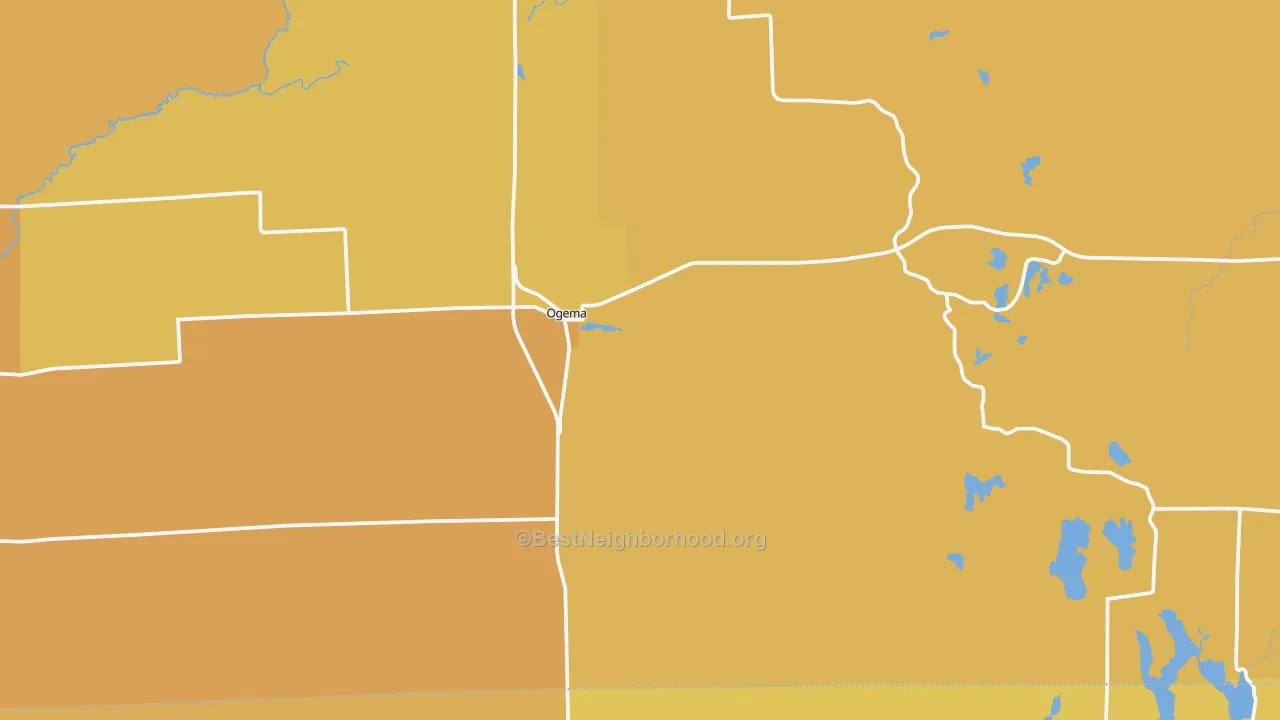 Map of the best neighborhoods in the Ogema area, with better matches in green and worse matches in red
