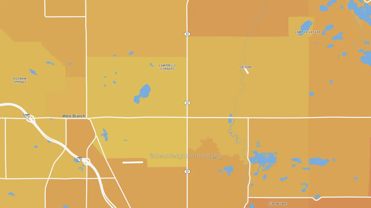 Map of the best neighborhoods in the Ogemaw County area, with better matches in green and worse matches in red