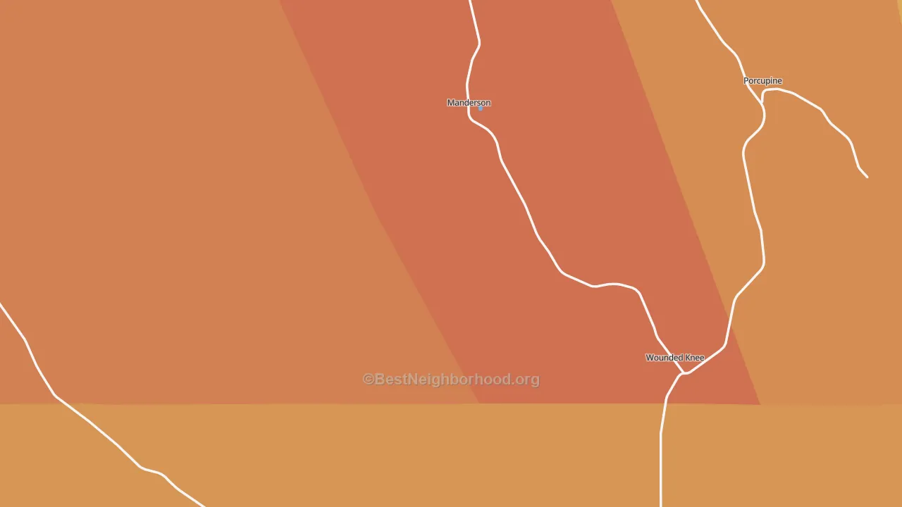 Map of the best neighborhoods in the Oglala Lakota County area, with better matches in green and worse matches in red