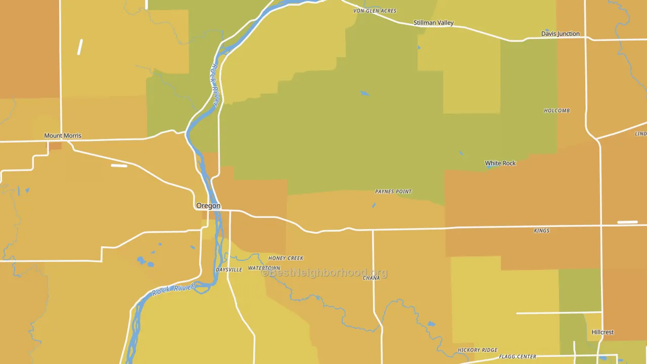 Map of the best neighborhoods in the Ogle County area, with better matches in green and worse matches in red