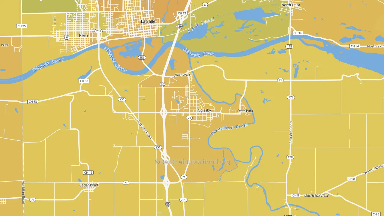 Map of the best neighborhoods in the Oglesby area, with better matches in green and worse matches in red
