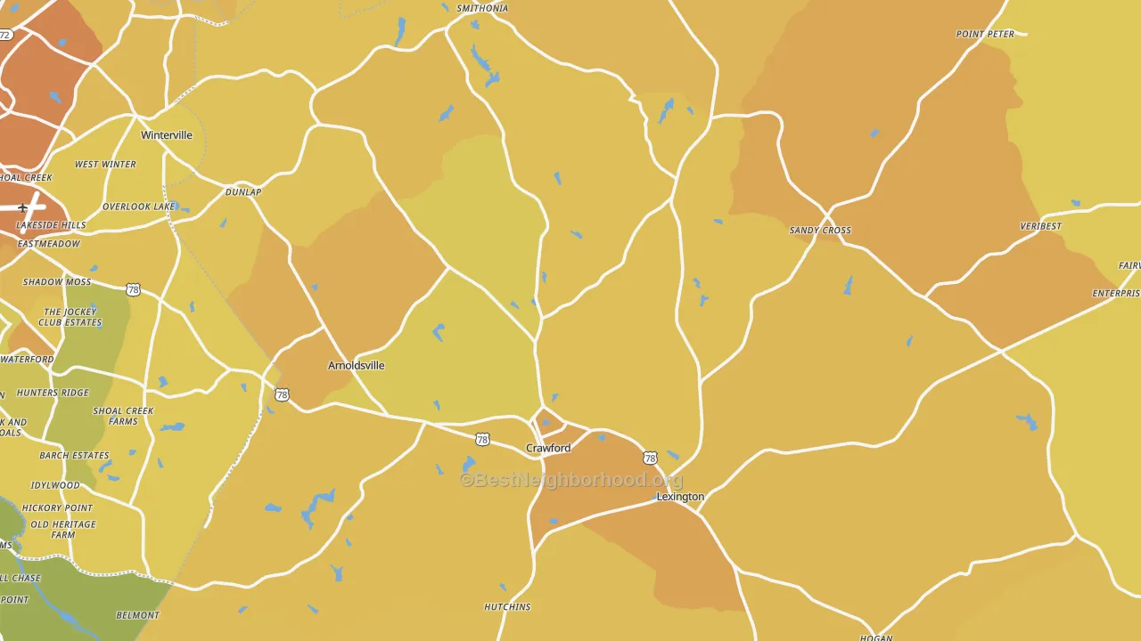 Map of the best neighborhoods in the Oglethorpe County area, with better matches in green and worse matches in red