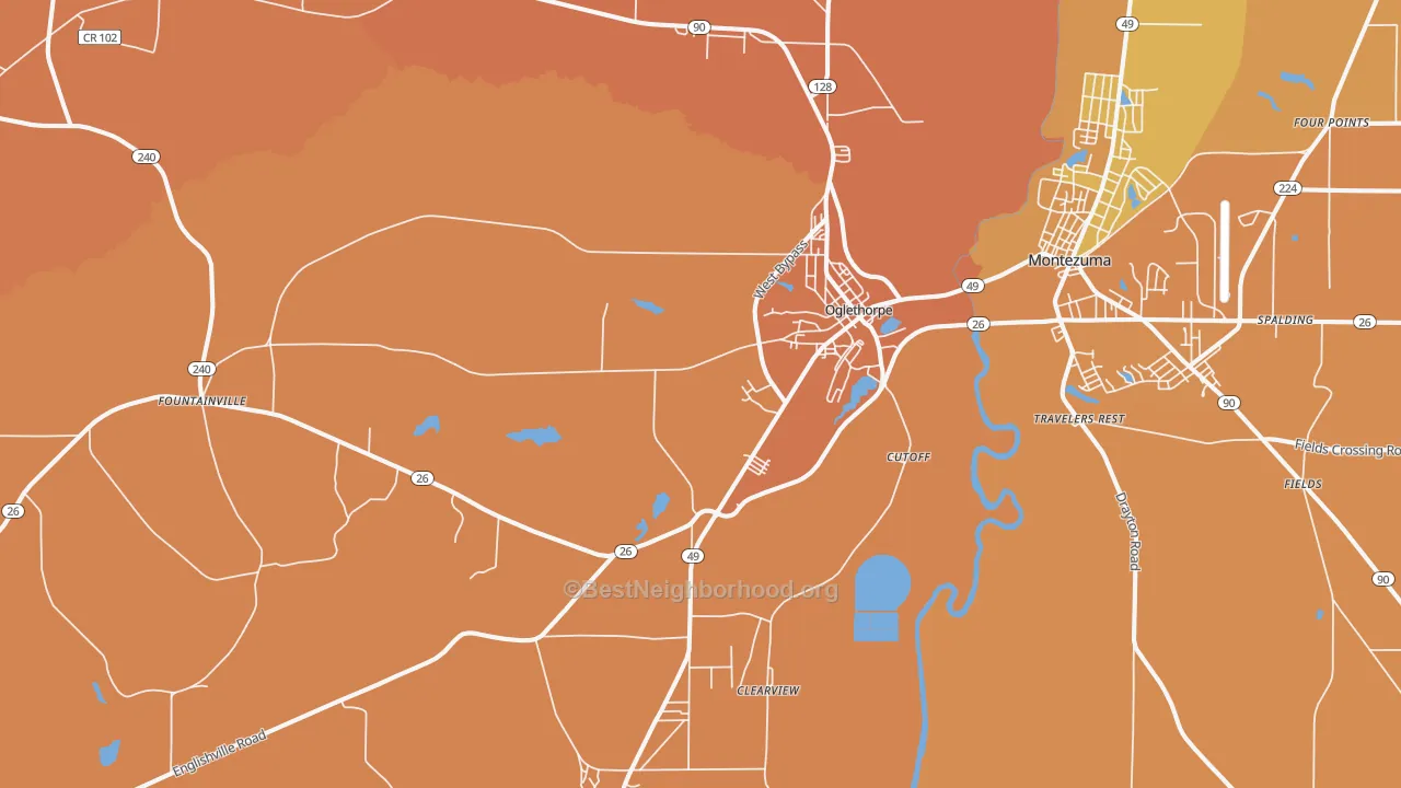 Map of the best neighborhoods in the Oglethorpe area, with better matches in green and worse matches in red