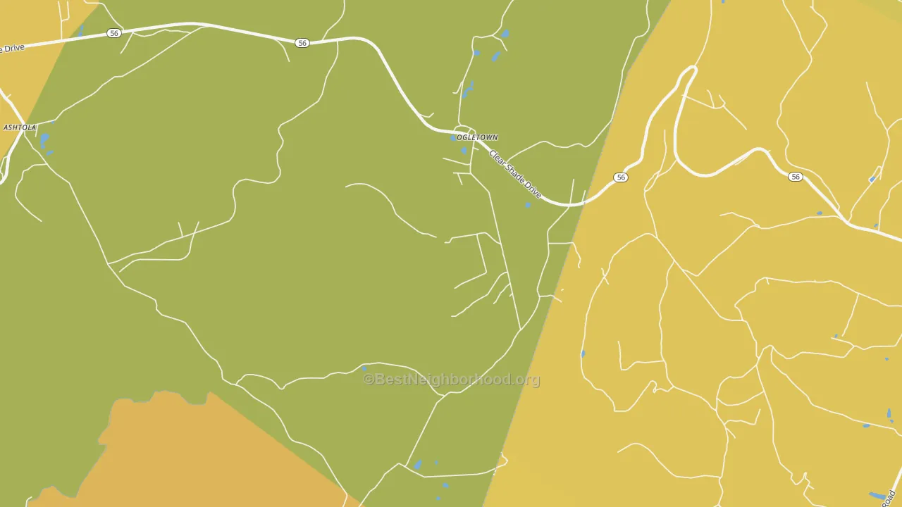 Map of the best neighborhoods in the Ogletown area, with better matches in green and worse matches in red