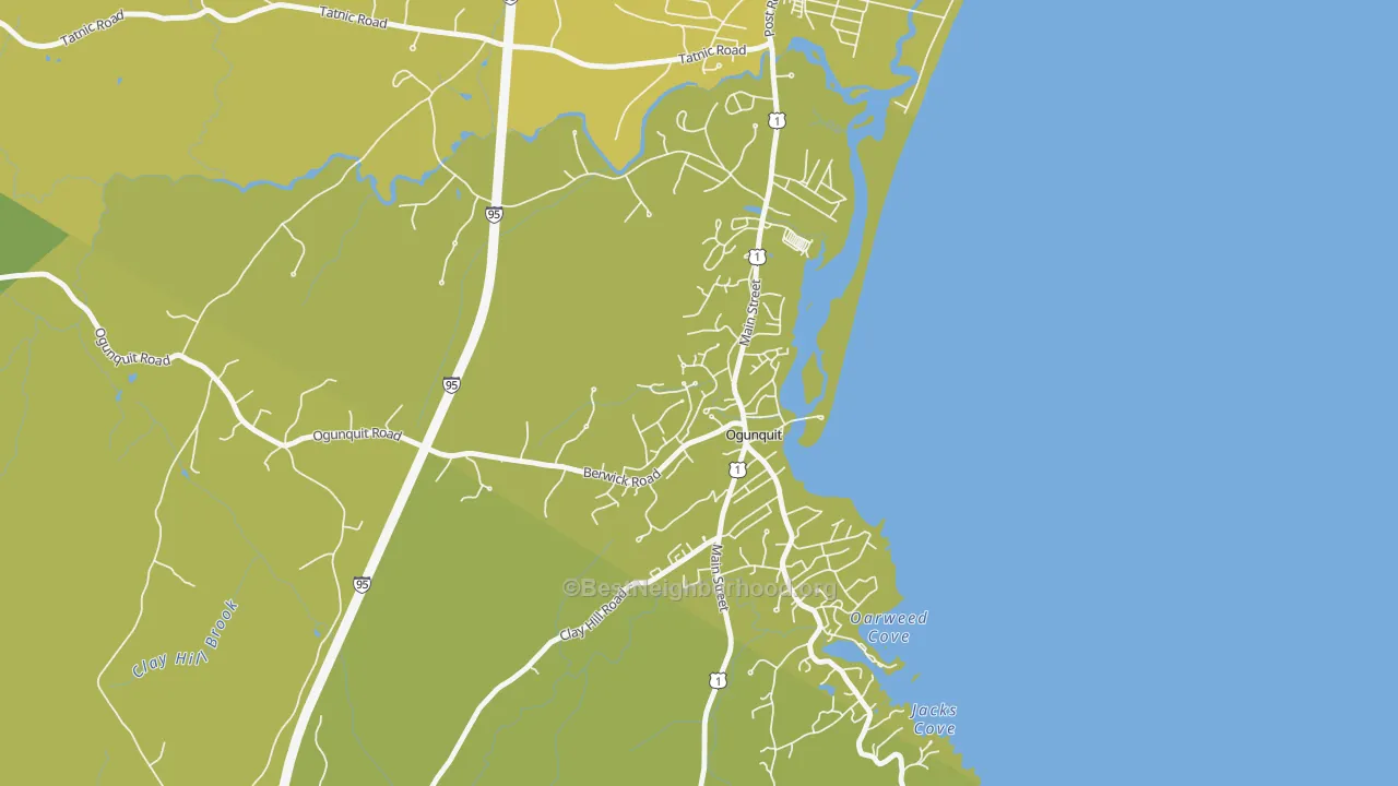 Map of the best neighborhoods in the Ogunquit area, with better matches in green and worse matches in red
