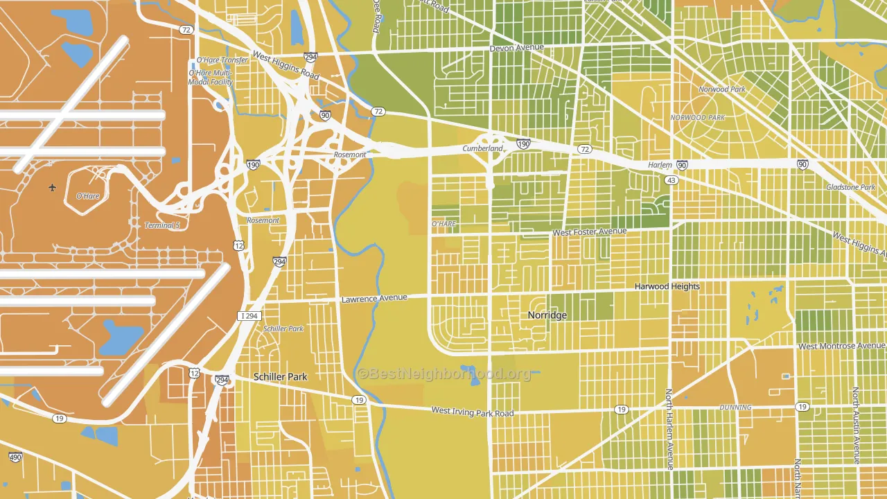 Map of the best neighborhoods in the O'Hare, Chicago area, with better matches in green and worse matches in red