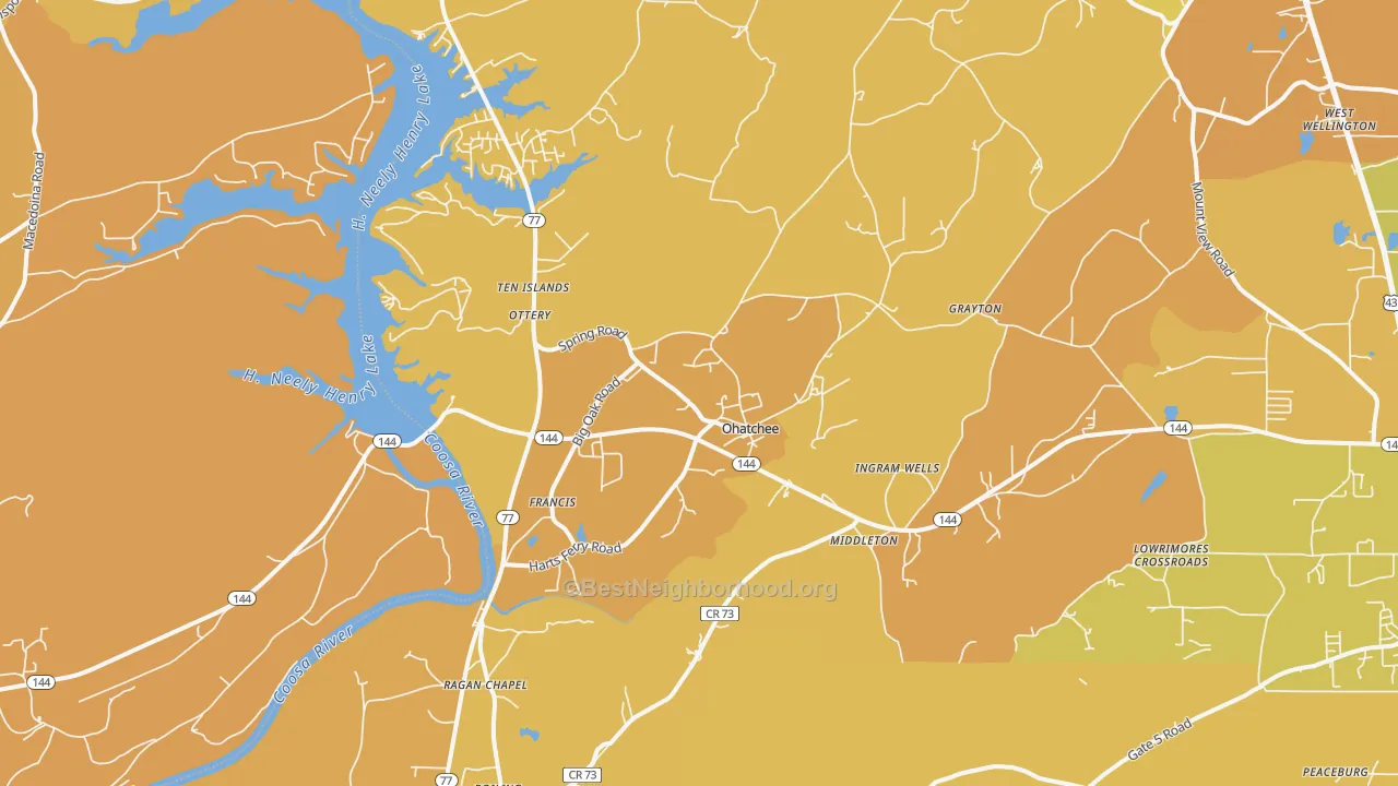 Map of the best neighborhoods in the Ohatchee area, with better matches in green and worse matches in red