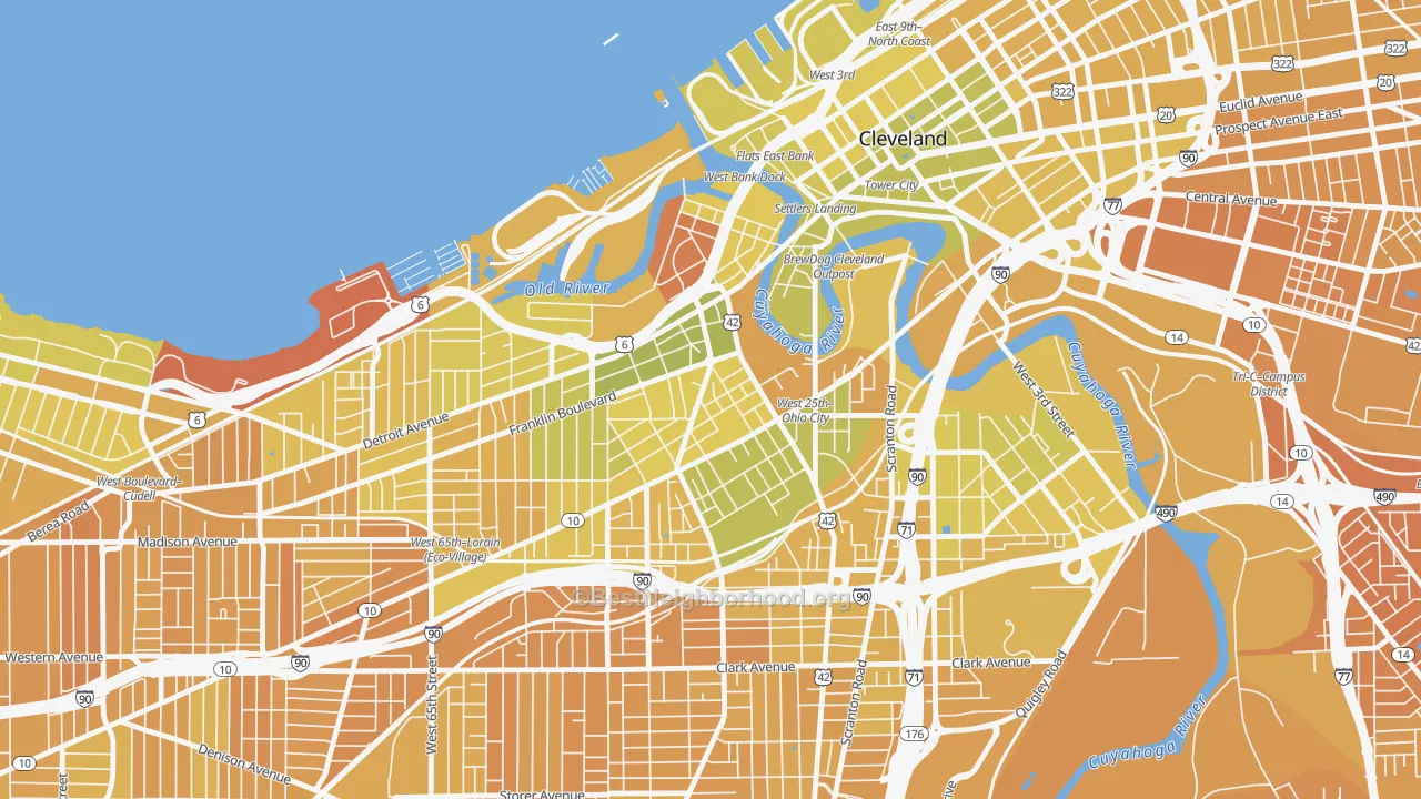 Map of the best neighborhoods in the Ohio City-West Side, Cleveland area, with better matches in green and worse matches in red