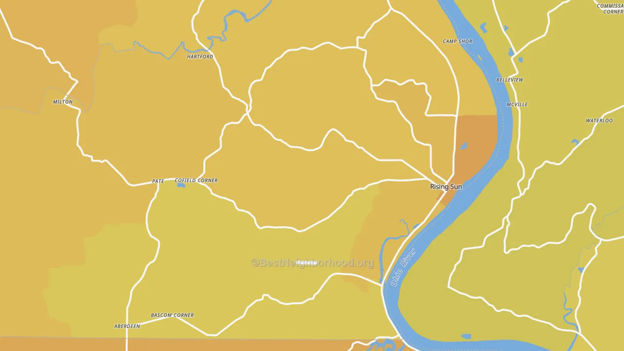 Map of the best neighborhoods in the Ohio County area, with better matches in green and worse matches in red