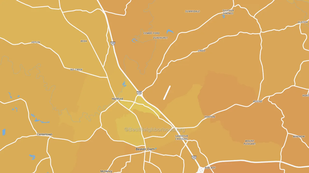 Map of the best neighborhoods in the Ohio County area, with better matches in green and worse matches in red