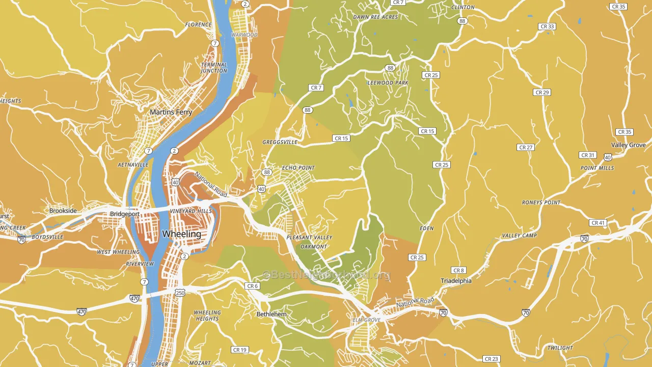 Map of the best neighborhoods in the Ohio County area, with better matches in green and worse matches in red