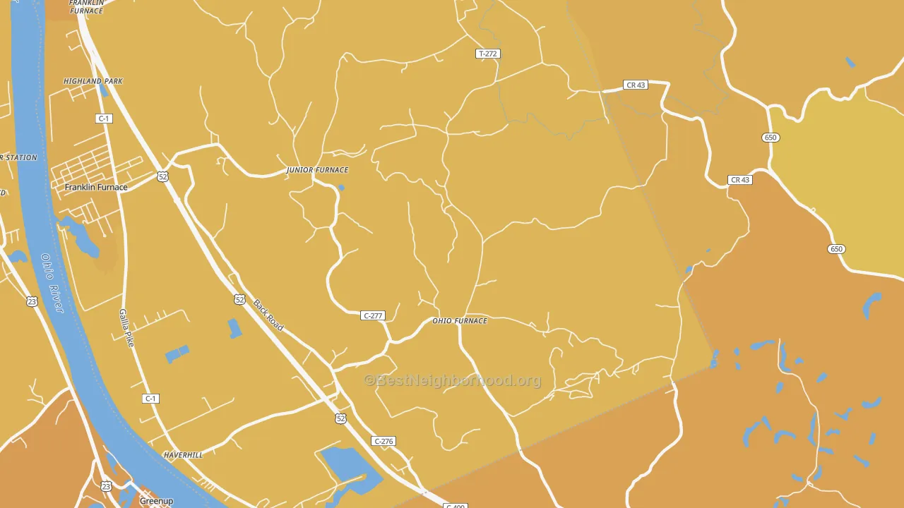 Map of the best neighborhoods in the Ohio Furnace area, with better matches in green and worse matches in red