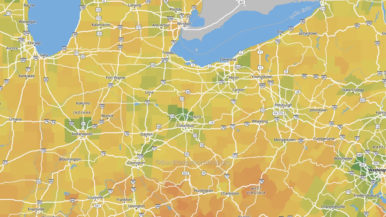 Map of the best neighborhoods in the Ohio area, with better matches in green and worse matches in red