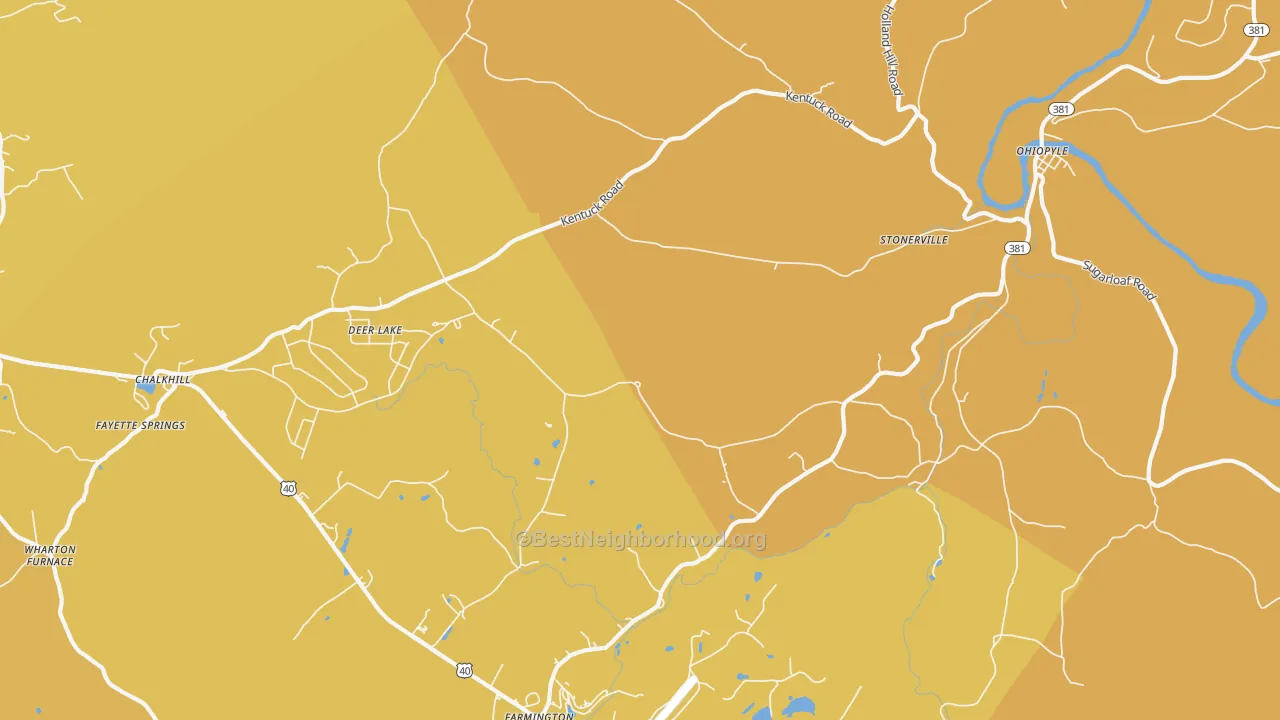 Map of the best neighborhoods in the Ohiopyle area, with better matches in green and worse matches in red
