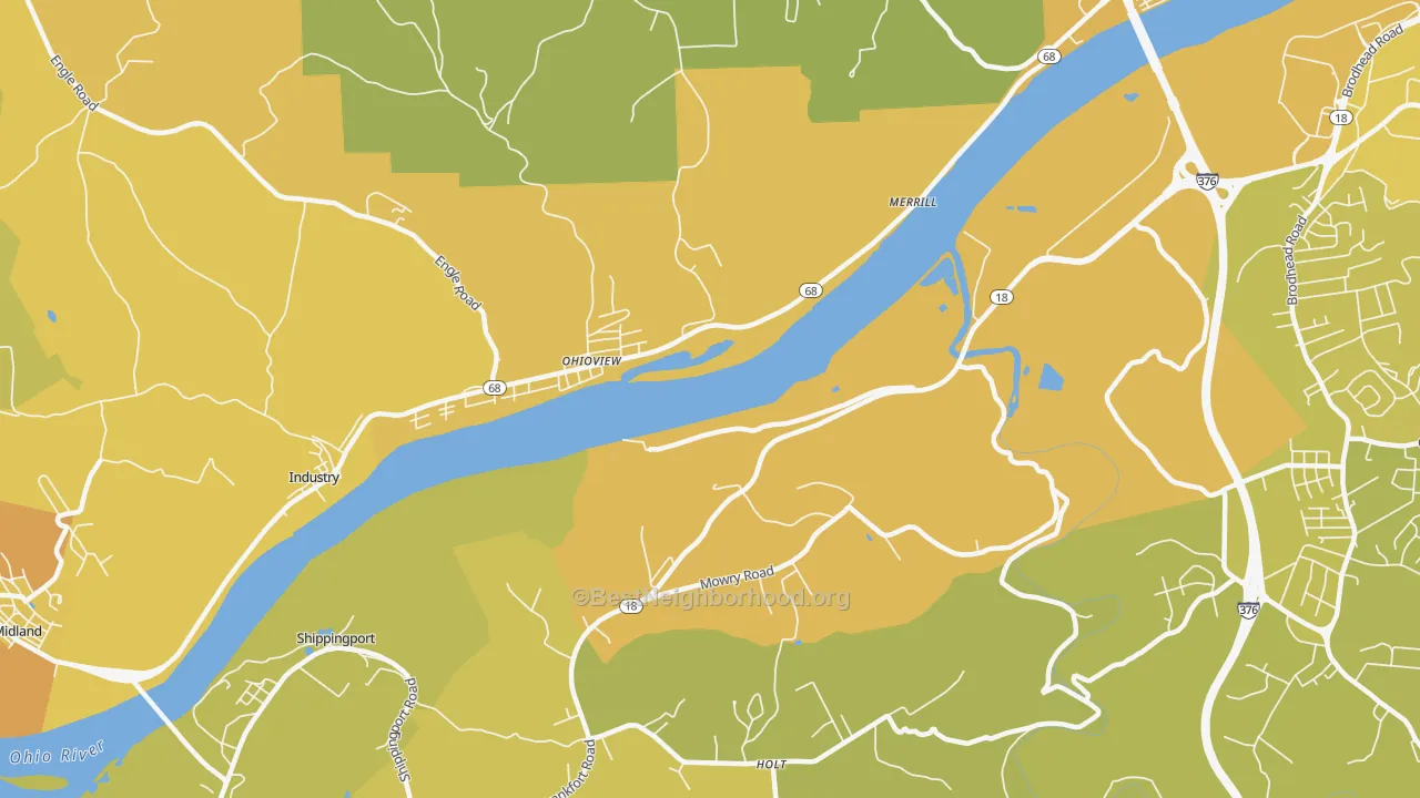 Map of the best neighborhoods in the Ohioview area, with better matches in green and worse matches in red