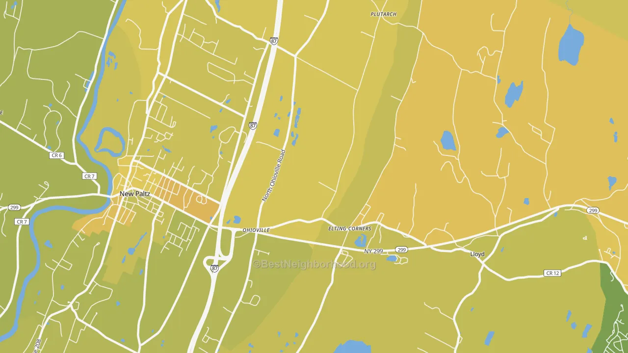 Map of the best neighborhoods in the Ohioville area, with better matches in green and worse matches in red