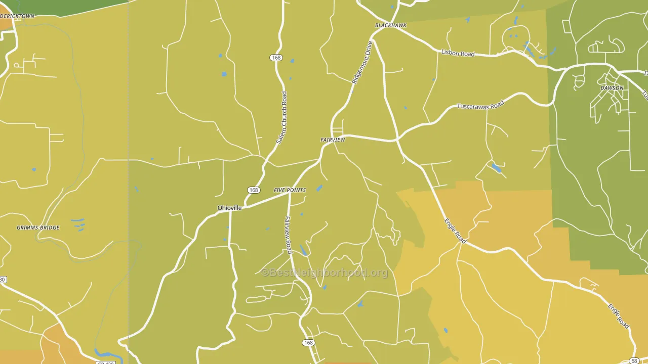 Map of the best neighborhoods in the Ohioville area, with better matches in green and worse matches in red