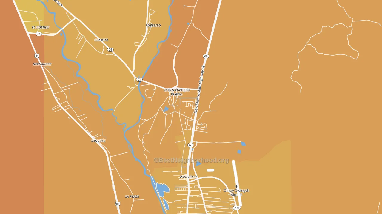 Map of the best neighborhoods in the Ohkay Owingeh area, with better matches in green and worse matches in red
