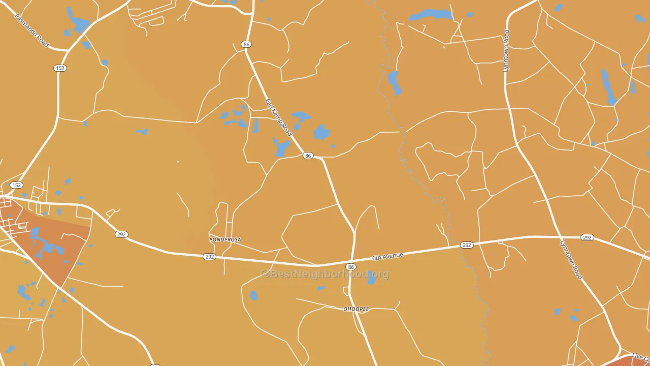 Map of the best neighborhoods in the Ohoopee area, with better matches in green and worse matches in red