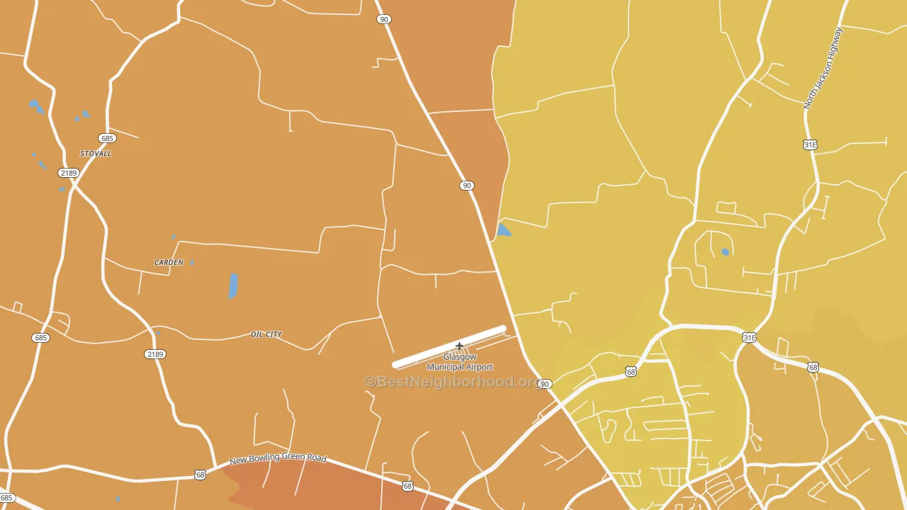 Map of the best neighborhoods in the Oil City area, with better matches in green and worse matches in red