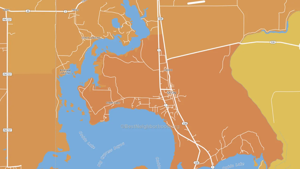 Map of the best neighborhoods in the Oil City area, with better matches in green and worse matches in red