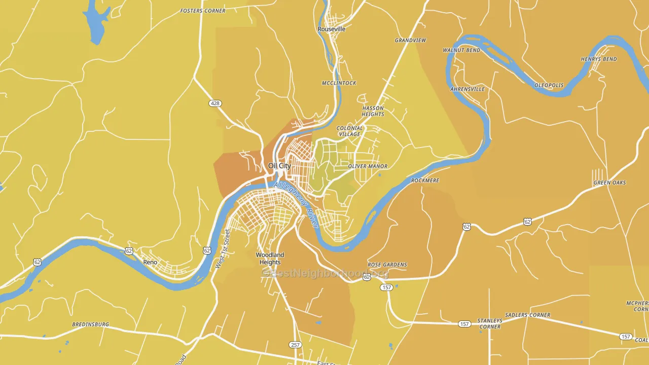 Map of the best neighborhoods in the Oil City area, with better matches in green and worse matches in red