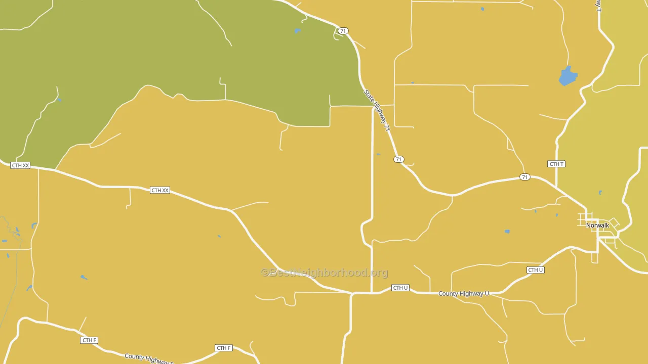 Map of the best neighborhoods in the Oil City area, with better matches in green and worse matches in red