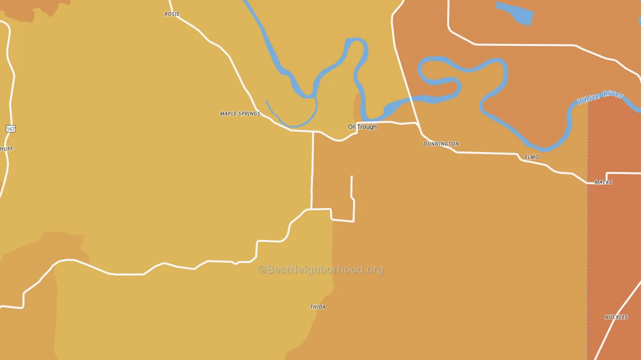 Map of the best neighborhoods in the Oil Trough area, with better matches in green and worse matches in red