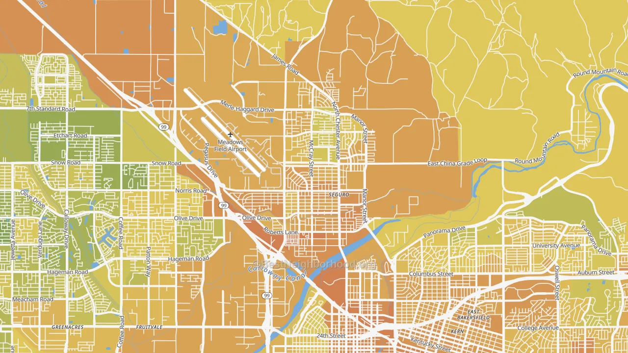 Map of the best neighborhoods in the Oildale area, with better matches in green and worse matches in red