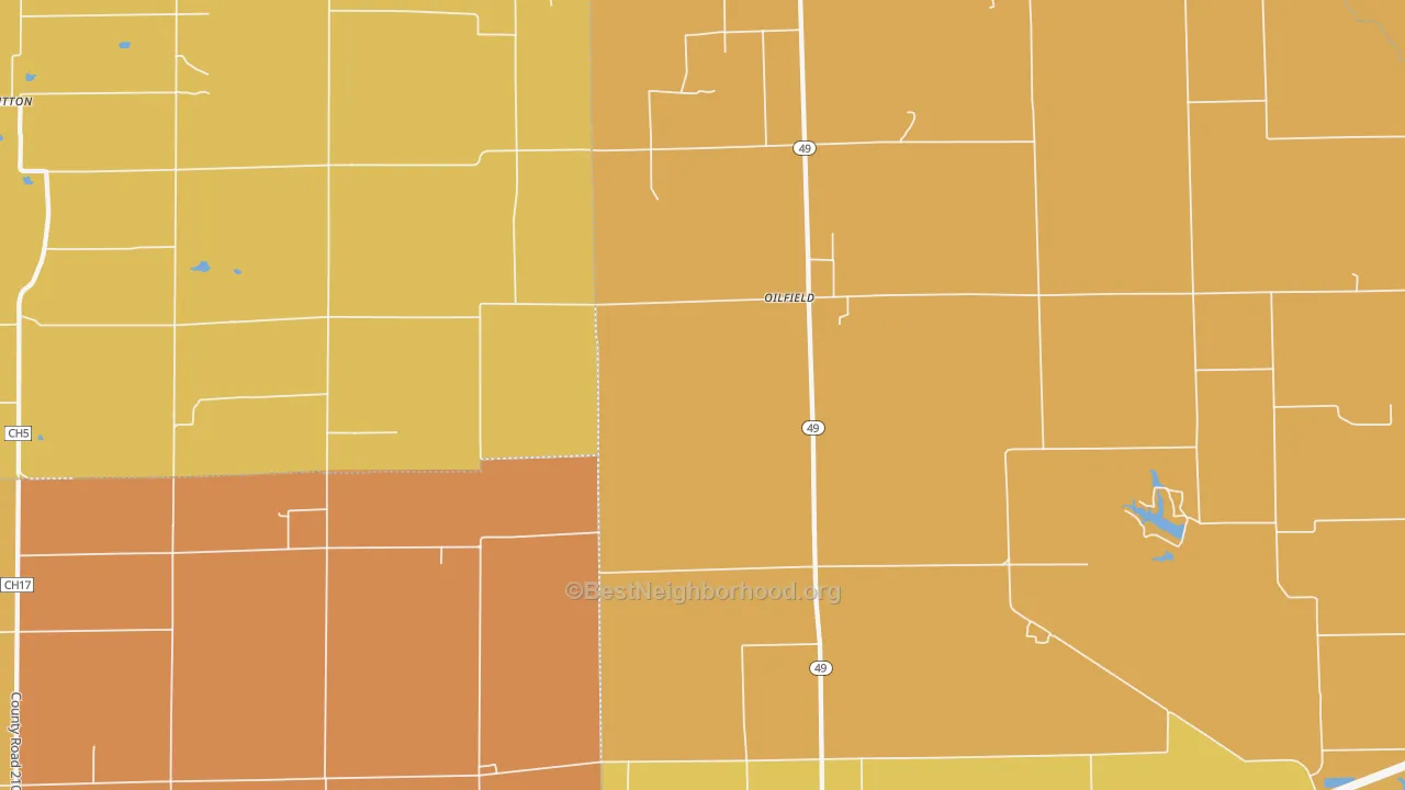 Map of the best neighborhoods in the Oilfield area, with better matches in green and worse matches in red
