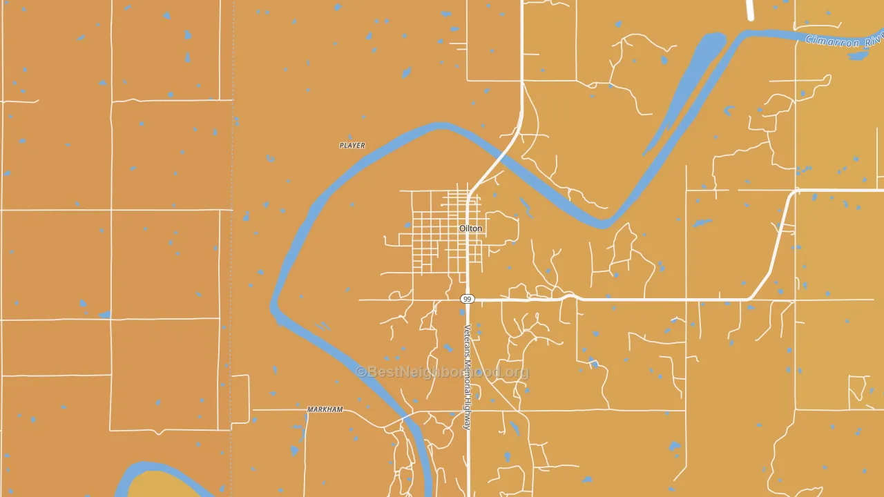 Map of the best neighborhoods in the Oilton area, with better matches in green and worse matches in red