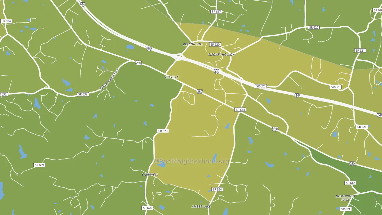 Map of the best neighborhoods in the Oilville area, with better matches in green and worse matches in red