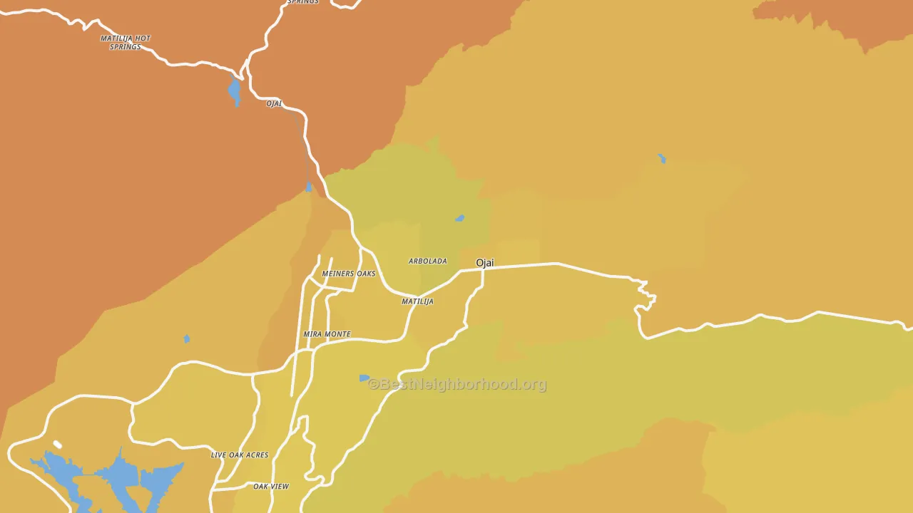 Map of the best neighborhoods in the Ojai area, with better matches in green and worse matches in red