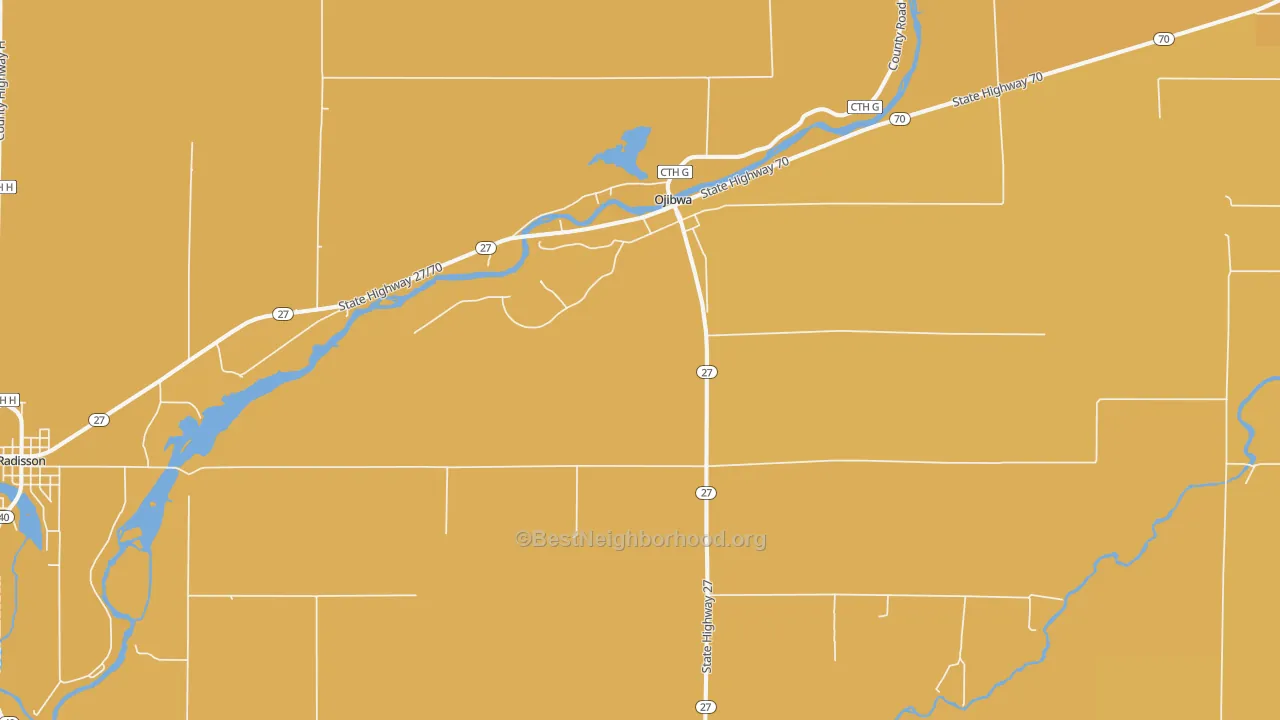 Map of the best neighborhoods in the Ojibwa area, with better matches in green and worse matches in red