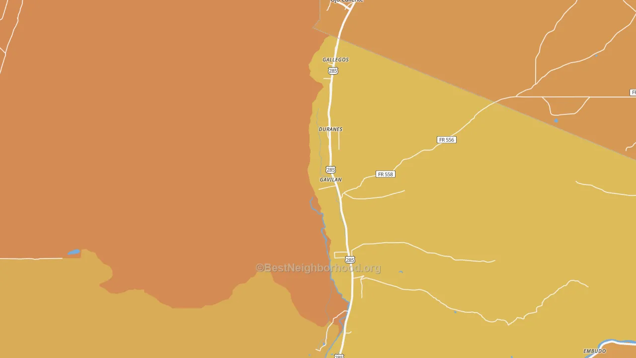 Map of the best neighborhoods in the Ojo Caliente area, with better matches in green and worse matches in red